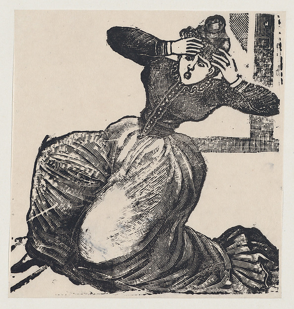 José Guadalupe Posada, A gasping woman on the ground with her hands raised to her head, from a broadside entitled 'Gaceta Callejera'