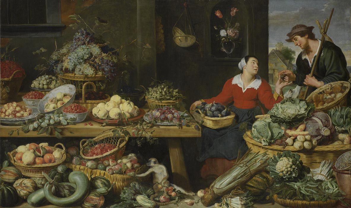 Frans Snyders, Market scene with fruit and vegetables, and an amorous couple