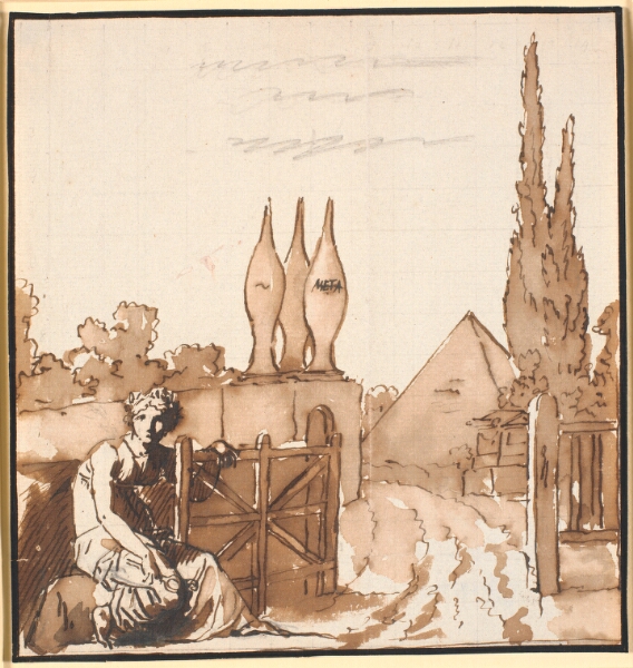 Nicolai Abildgaard, Målet for livsløbet. Allegorisk tegning. En kvinde åbner leddet til en kirkegård med metæ og pyramide
