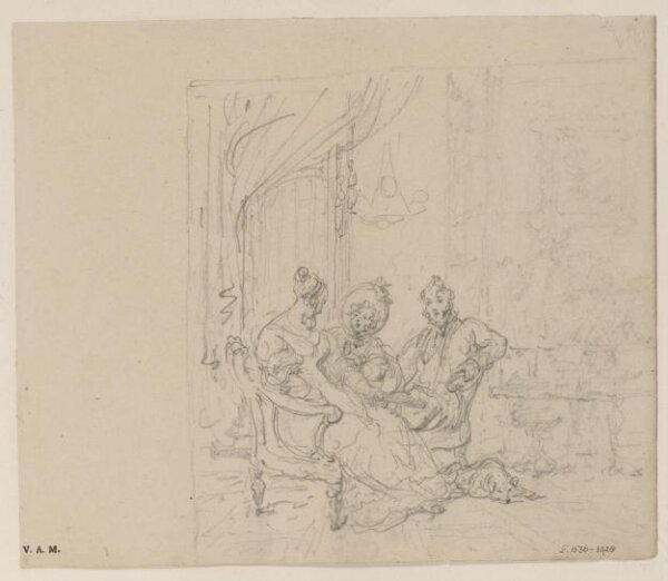 George Chinnery, A sketch of three Western figures in a drawing room
