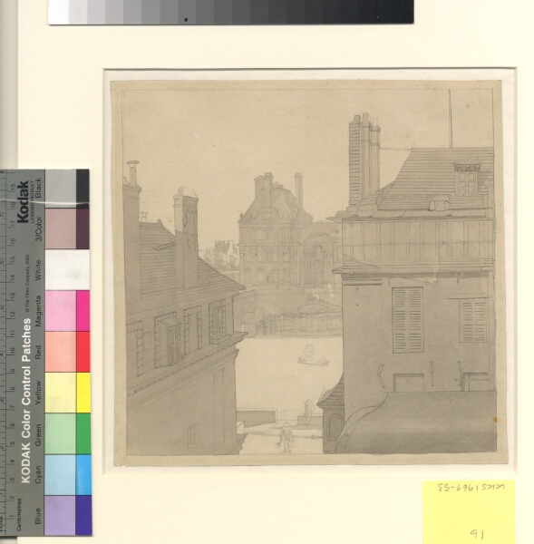 C.W. Eckersberg, Udsigt fra Eckersbergs bolig i Hôtel d'Irlande, Rue de Beaune nr. 3, over Seinen mod (Louvre, Pavillon de Flore) Tuillerierne og Rue de Rivoli