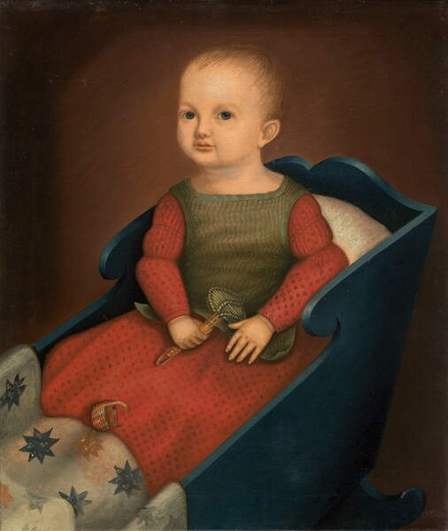 American 19th Century, Baby in Blue Cradle
