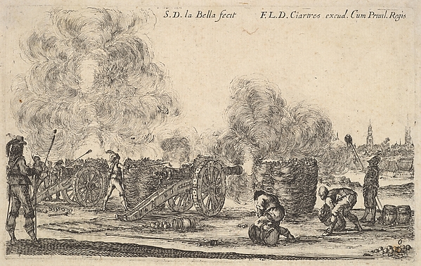 Stefano della Bella, Plate 6: A battery of cannons firing on a town, from "Various Military Caprices" (Varii capricci militari)