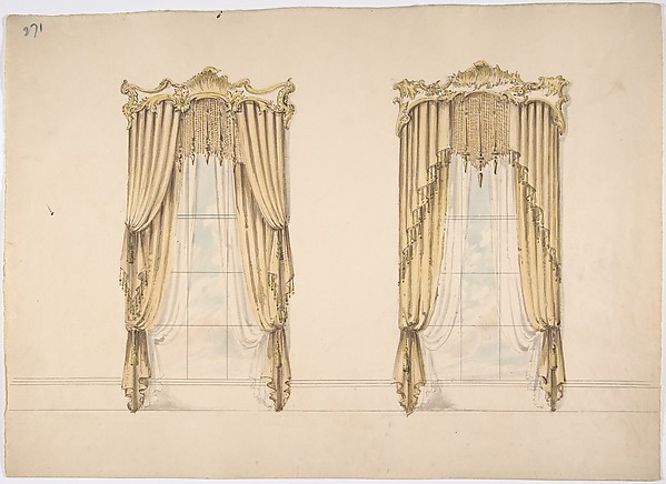 Anonymous, British, 19th century, Design for Gold Curtains with Gold Fringes and a Gold and White Pediment