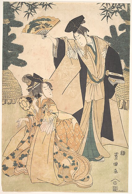 Utagawa Toyokuni I, Young Lady with Drum and Man with Fan Saluting Her