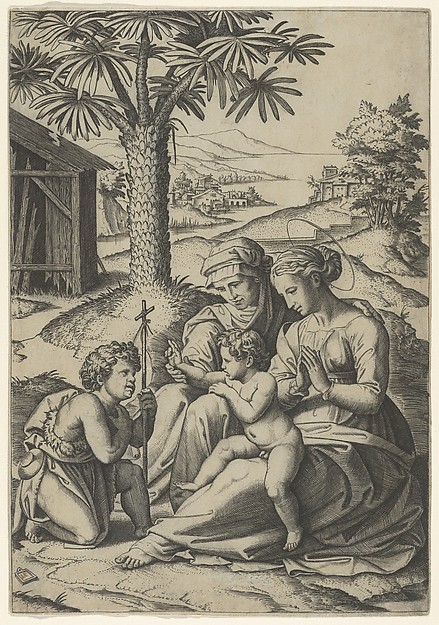 Marcantonio Raimondi, The Virgin and Child with St. Elizabeth and John the Baptist, called 'The Virgin of the Palm Tree'