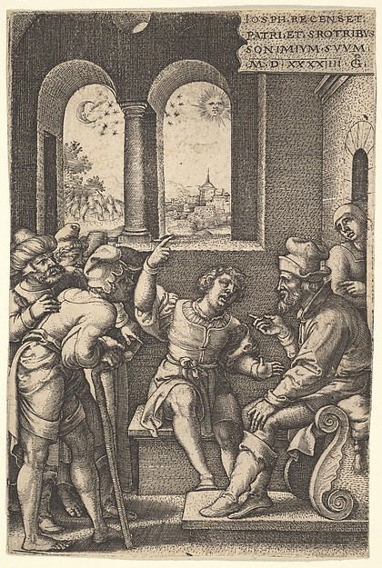 Georg Pencz, Joseph explains his dream to his brothers and father in an interior setting; the sun, moon, and stars above a landscape in the portal beyond, from "The Story of Joseph"