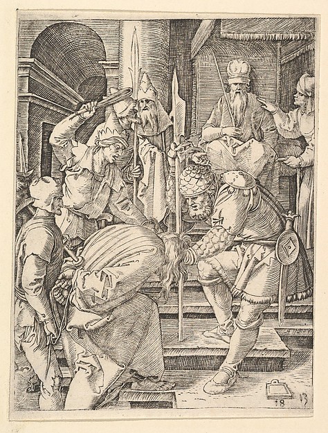 Marcantonio Raimondi, Christ captured and being dragged by hair up steps before the throne of the high priest  Annas, from "The Passion of Christ", after Dürer