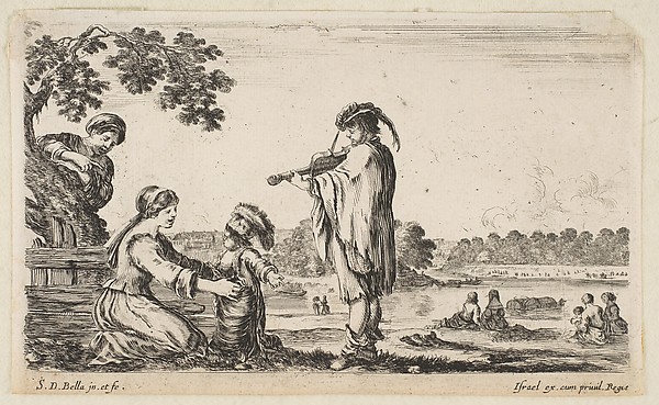 Stefano della Bella, A man playing the violin in center, turned towards the left in profile, a seated woman to left playing with her dancing child, another woman standing and pointing behind a tree to left, seated women in a landscape to right in the background, from "Various figures and lands" (Diverse figure e paesi)