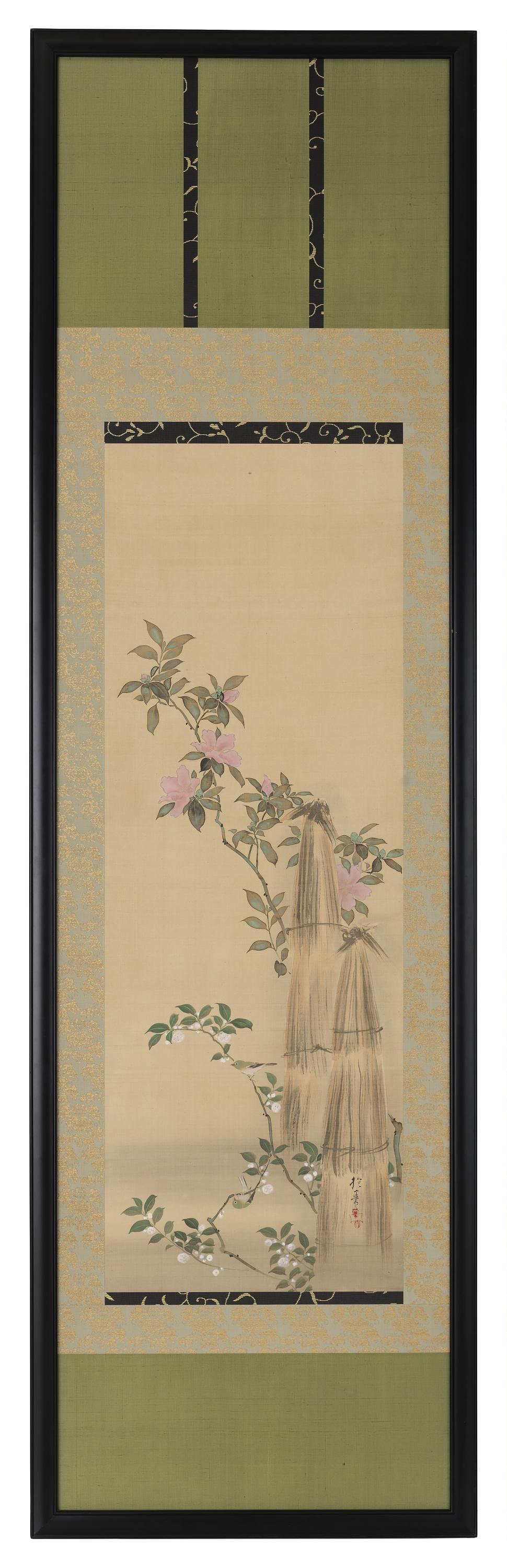 Sakai Hoitsu, Pink and white flowers and straw coverings