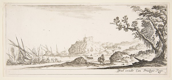 Stefano della Bella, Plate 7: various boats on shore to left, a man carrying a bag, seen from behind and walking towards the background, a fortress in center background, a tree to the right, from 'Various landscapes' (Divers paysages)