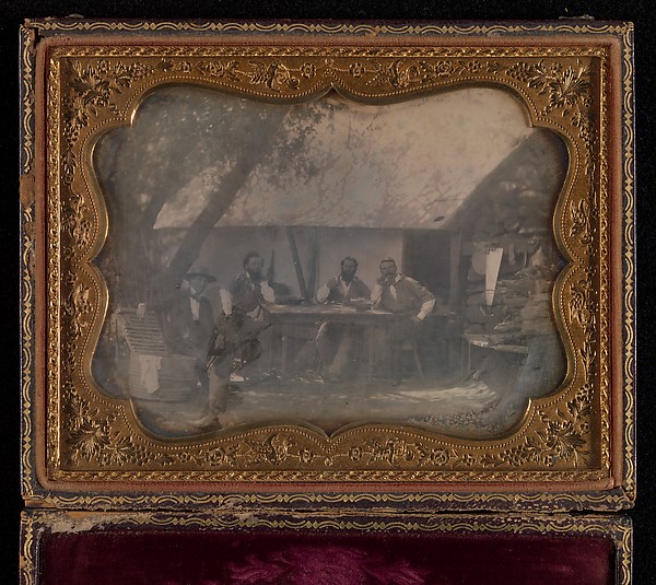 Unknown, [Four Gold Miners Seated in Front of Their House]