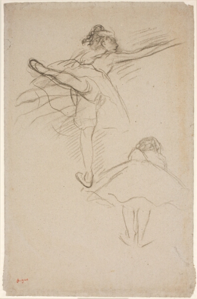 Edgar Degas, To studier af danserinder. Øverst danserinde stående på venstre ben; nederst foroverbøjet danserinde set fra ryggen