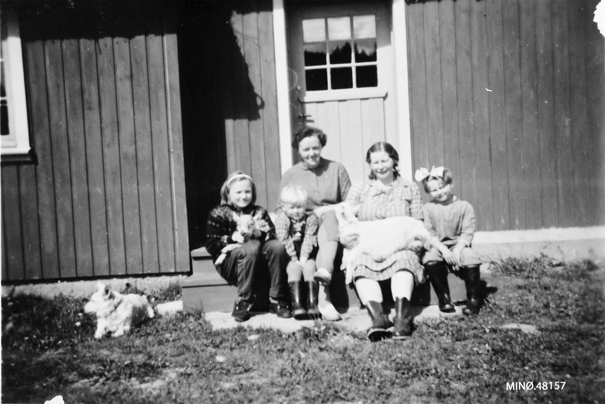 Egil Nesset Bergebakken, Fra v. : Jossa (den gamle), Anne Sofie Moholdt f. 1947 med en killing fra Bakkvangen, Arne Johan Nesset f. 1953 fra Bergebakkvangen, Gislaug Moholdt f. Bjørkeng (1904 - 1988) fra Bakkvangen, Johanna Nesset (1915 - 1976) med en killing og Helga Reidun Nesset f. 1951.