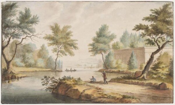 Abraham Rademaker, Riverscene, with trees, figures and on the right a low building