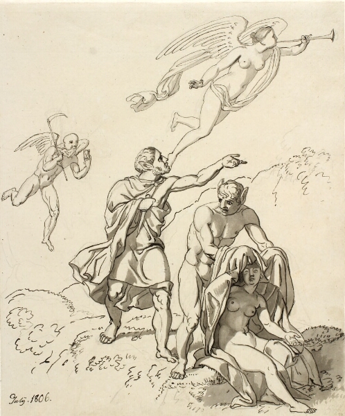 C.W. Eckersberg, Allegorisk komposition; et par unge mænd med æselører og en siddende nøgen kvinde, i baggrunden Tiden og Fauna svævende