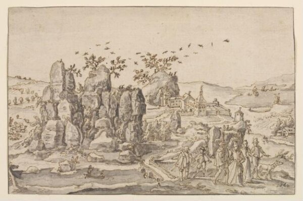 Unknown, A Rocky Landscape with an Abbey or Manor House in a Valley and Figures in the Foreground