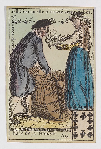 Anonymous, French, 18th century, Hab.t de la Suisse, from the playing cards (for quartets) "Costumes des Peuples Étrangers"