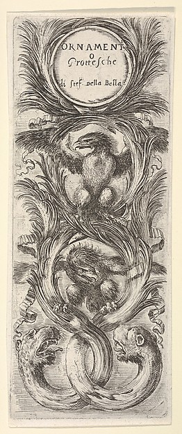 Stefano della Bella, Two eagles with wings spread, below two leopard heads attached to tree trunks that form three circles, from "Ornaments or Grotesques" (Ornamenti o Grottesche)
