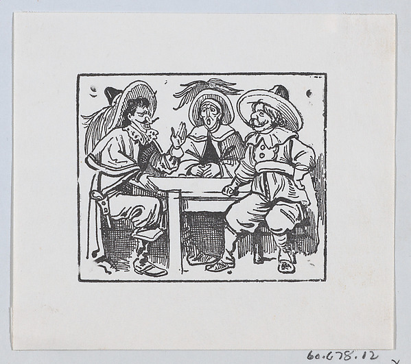 José Guadalupe Posada, Three men wearing large hats and capes sitting at a table and talking