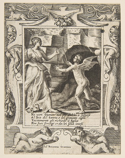 Giulio Bonasone, Juno summoning sleep to descend upon Jupiter, set within an elaborate frame, from "Loves, Rages and Jealousies of Juno"