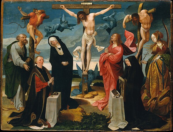 Cornelis Engebrechtsz, The Crucifixion with Donors and Saints Peter and Margaret of Antioch