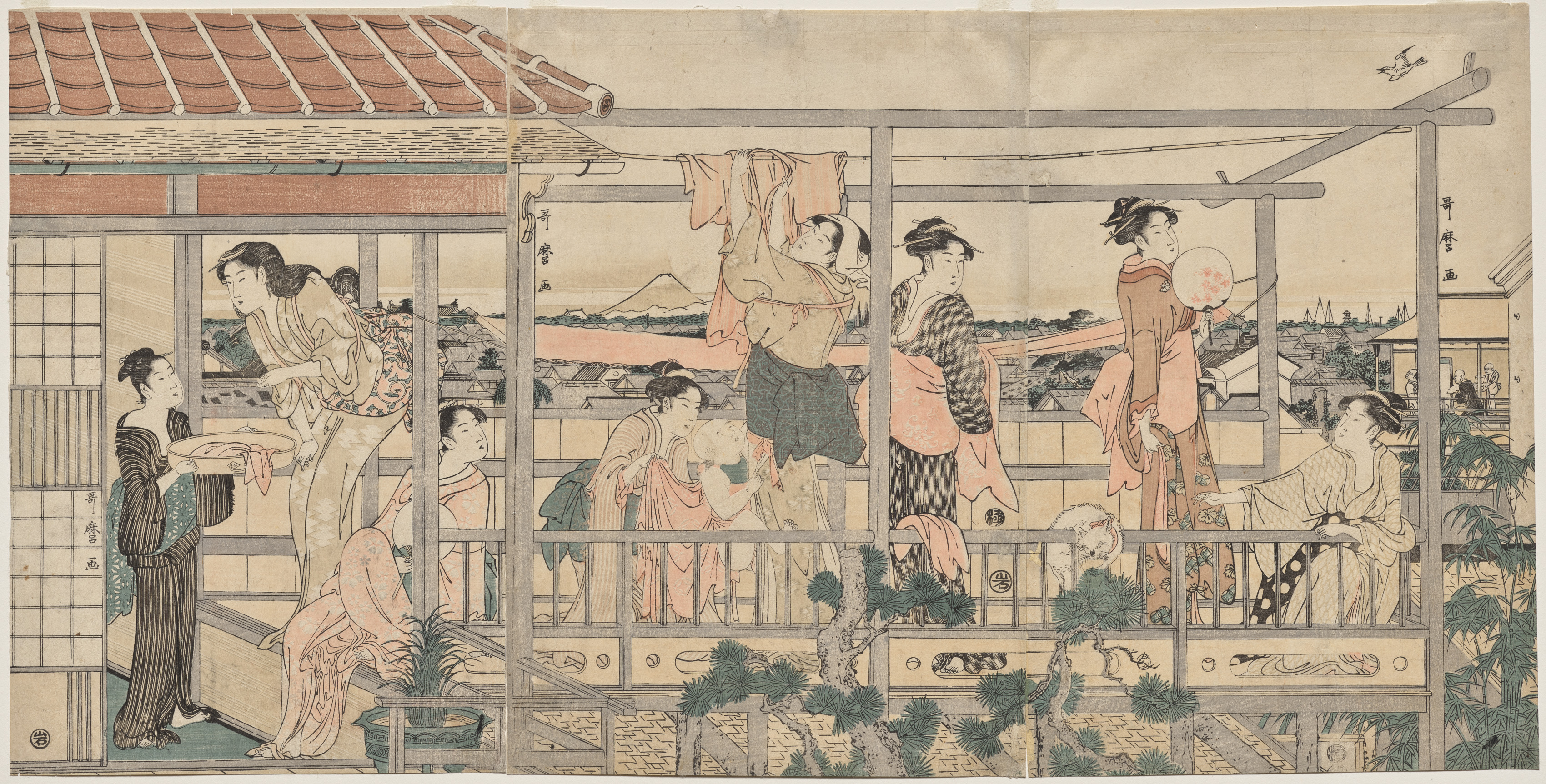 Kitagawa Utamaro, Women Hanging Laundry to Dry on a Balcony