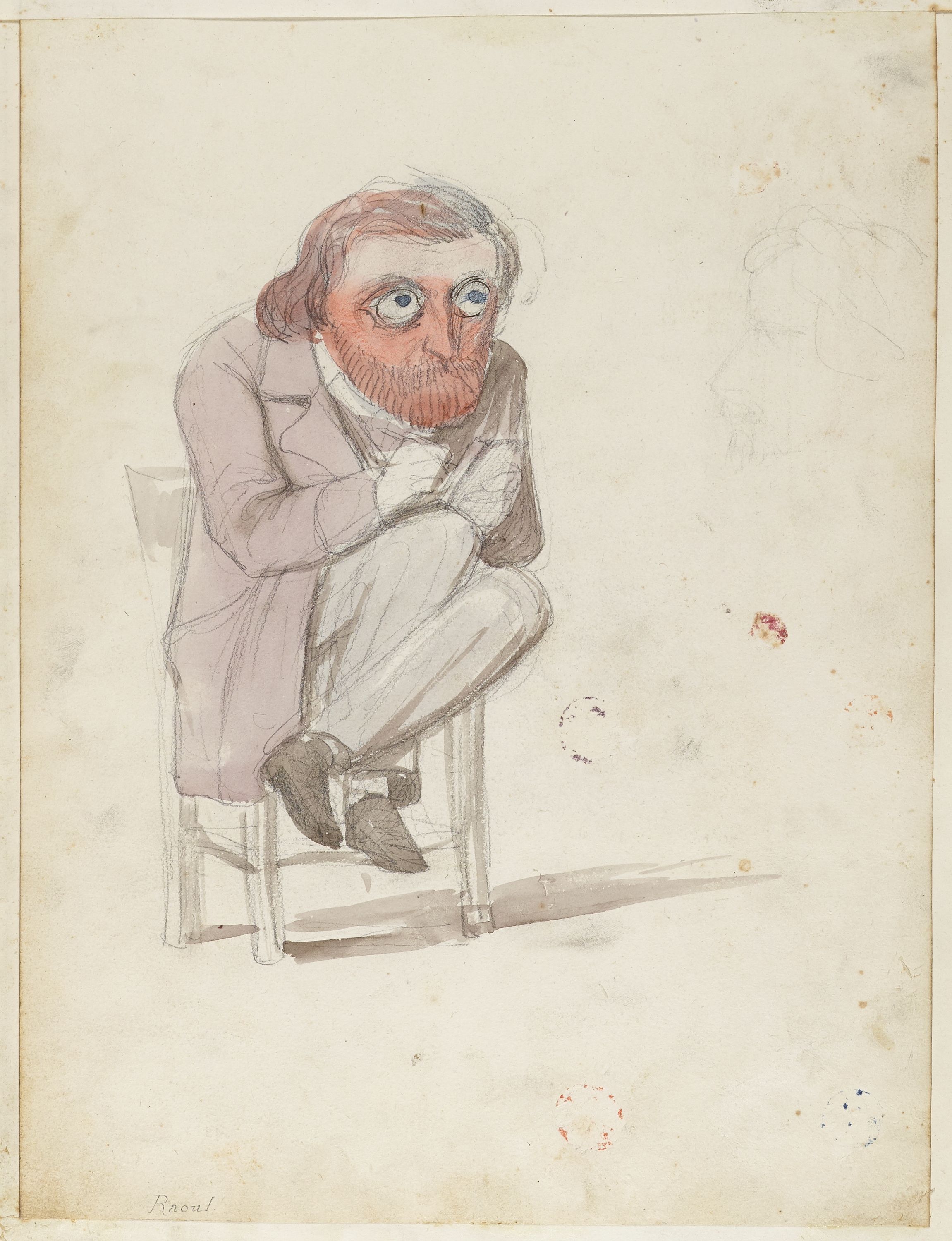 Anonyme, Portrait-charge d'un homme assis sur une chaise (Raoul) et esquisse d'un profil à droite.