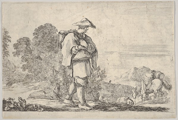 Stefano della Bella, Plate 11: A peasant wearing a hat at center, walking towards the right, a horse descending a mountain to right in the background, trees to left in the background, from "Twelve Landscapes" (Suite de douze paysages)