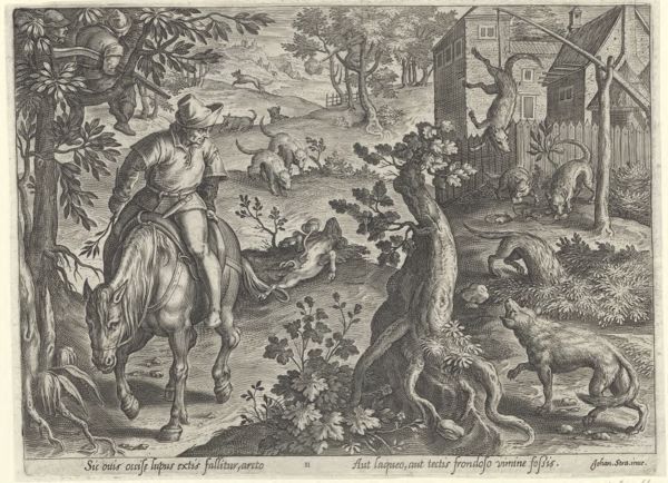 Galle, Philippe, (1537-1612), (printmaker), The hunting parties: Wolf hunt with traps