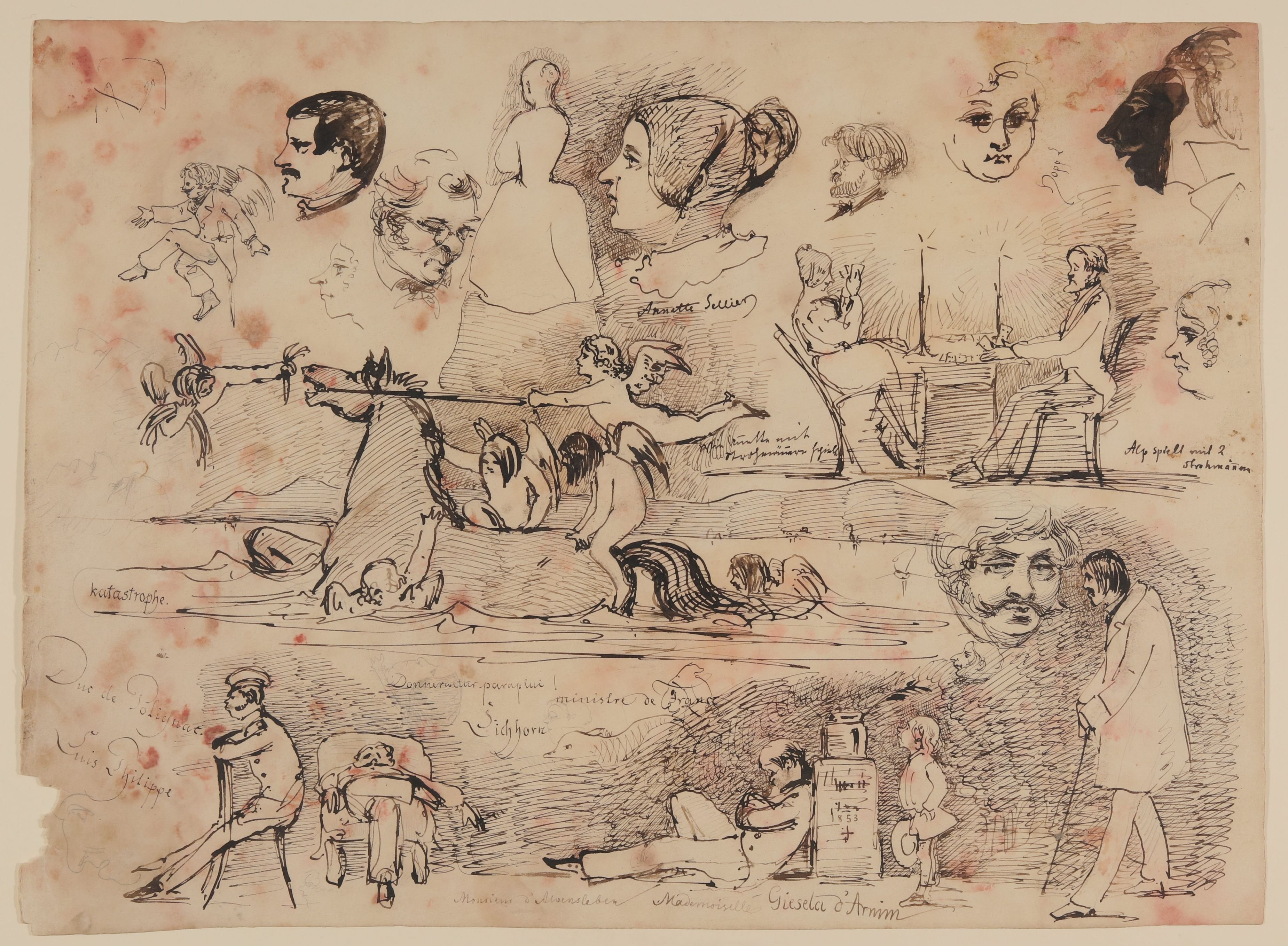 Gisela von Arnim, Skizzenblatt mit Porträt- und Figurenstudien sowie kleinen humoristischen Szenen [aus Mappe III aus dem Sommerhoff-Nachlass]