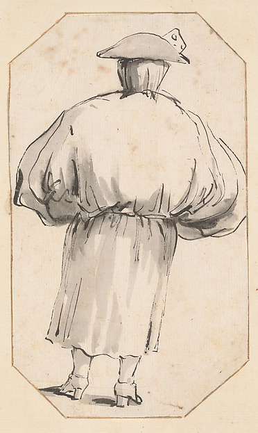 Giovanni Battista Tiepolo, Caricature of a Person in a Voluminous Gown, Seen from Behind
