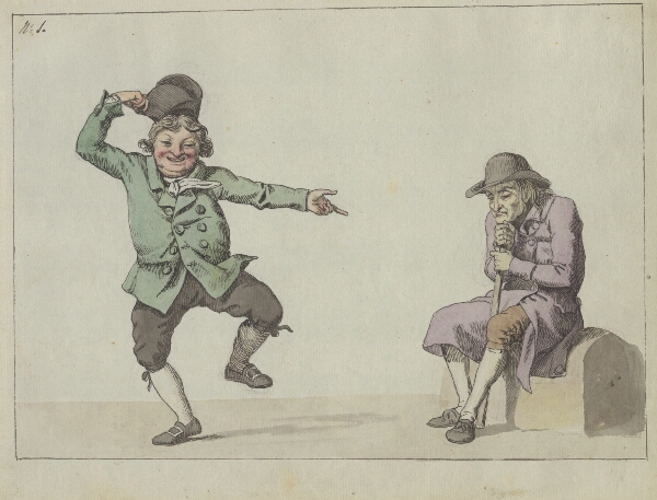C.W. Eckersberg, Satirisk blad; en mand hopper og ler, mens han peger på en siddende gammel mand