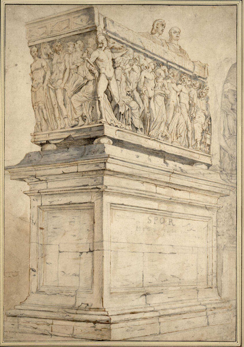 Anonym, Der Sarkophag Kaiser Konstantins mit dem ruhenden Ehepaar auf dem Deckel, auf hohem Postament; um die Seitenwände des Sarkophages läuft ein Relief