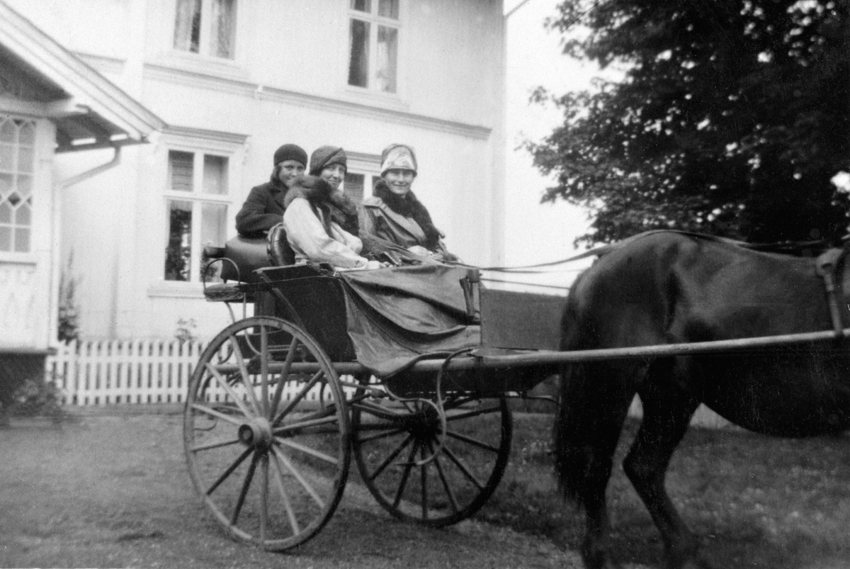 Anno Domkirkeodden, VEN GÅRD, KARJOL MED HEST FORAN HOVEDBYGNING, FRA VENSTRE: RØNNAUG ASKIM