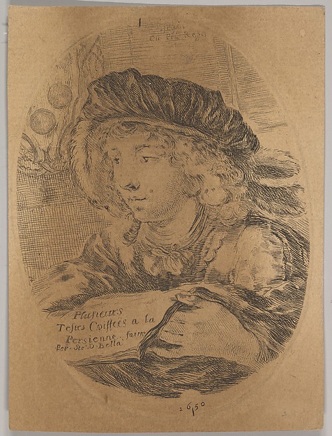 Stefano della Bella, A bust of a young man wearing a cap with feathers, turned three-quarters to the left, the coat of arms of the Grand Duke of Tuscany in top left, title page from "Several heads in the Persian style" (Plusieurs têtes coiffées à la persienne)