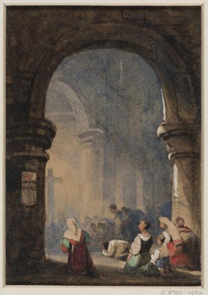 unknown, The interior of a Romanesque church with kneeling peasants.