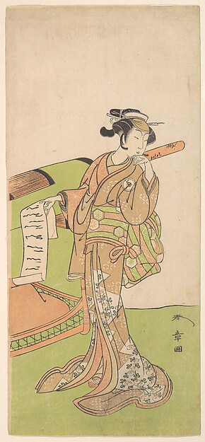 Katsukawa Shunshō　勝川春章, The Actor Iwai Hanshiro IV in Female Role, Standing Beside a Litter