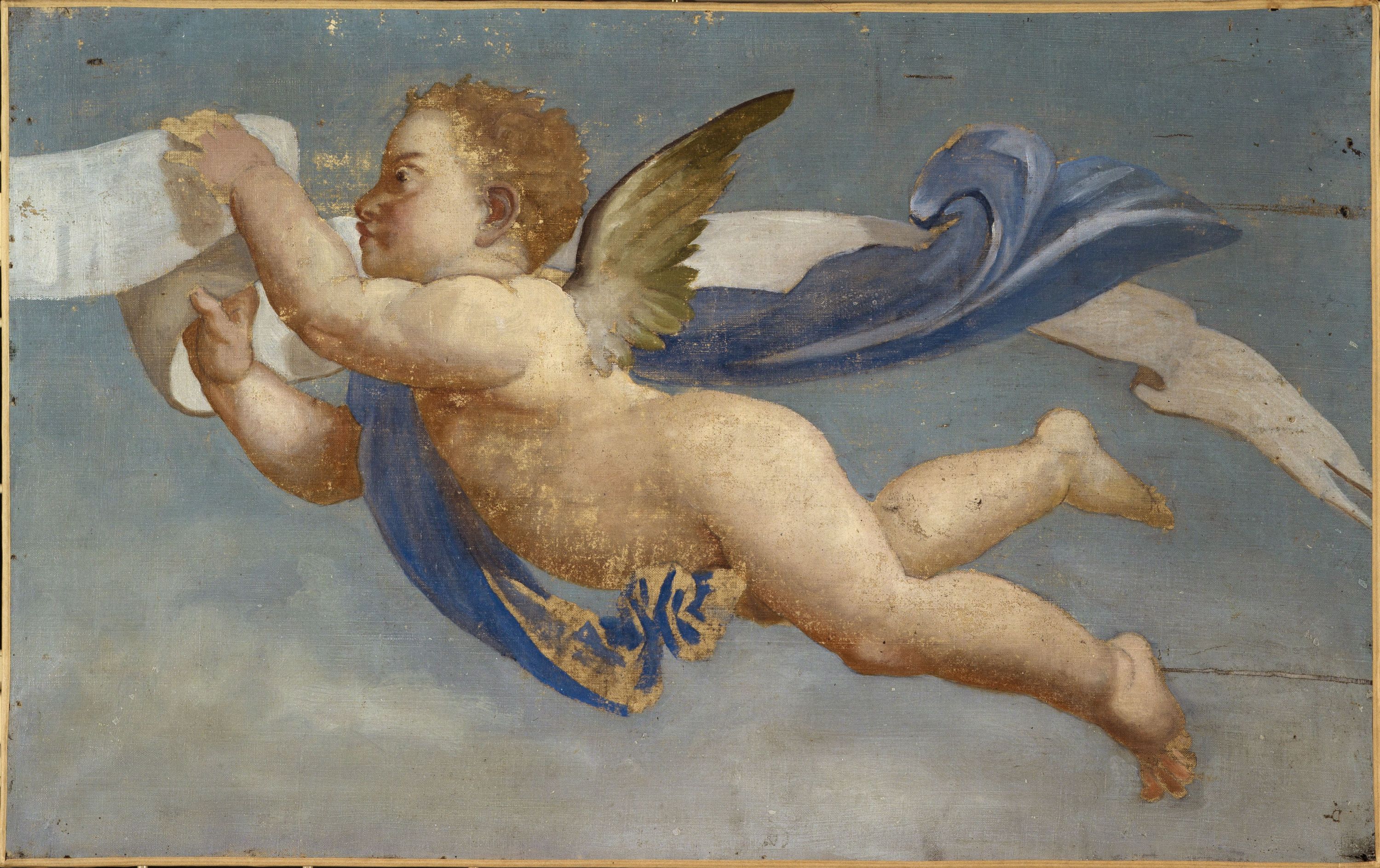 Anonyme, Putto tenant un phylactère (fragment d'une composition peinte au revers d'un morceau de carton de tapisserie du début du XIXe siècle)
