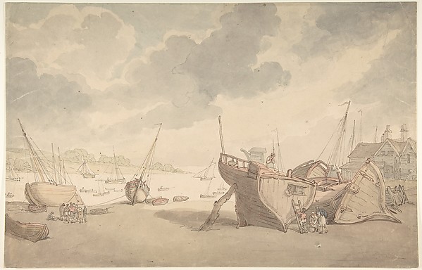 Thomas Rowlandson, Harbor scene with the tide out, and beached boats