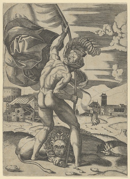 Marcantonio Raimondi, Naked man wearing an elaborate helmet viewed from behind holding a banner, a lion seated on the ground