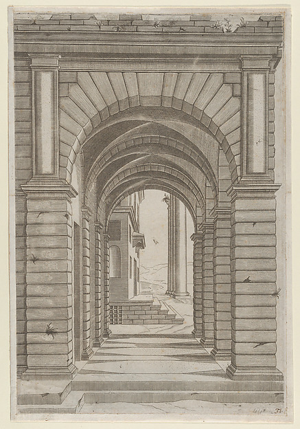 Anonymous, Front of a Building seen sideways through an arcade of four arches on its left front, from "Speculum Romanae Magnificentiae"