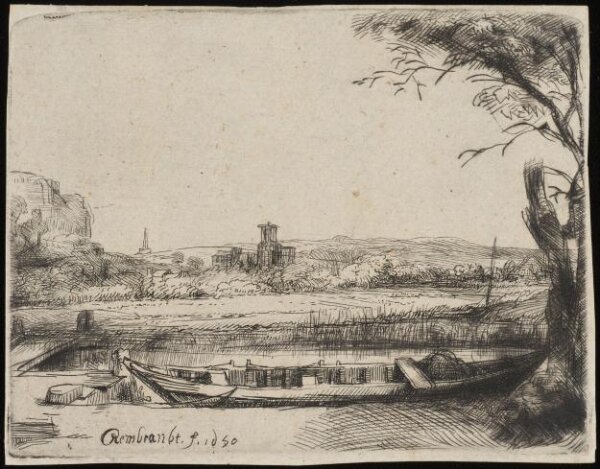 Rembrandt van Rijn, Landscape with a large boat and bridge (Het schuytje op de voorgrondt)