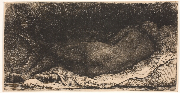 Rembrandt van Rijn, Liggende sort pige, set bagfra