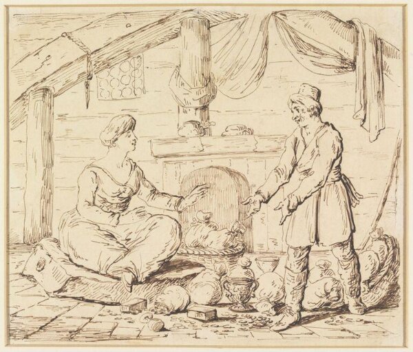 Unknown, Two figures in Eastern dress, the man appearing to offer treasures to the seated woman