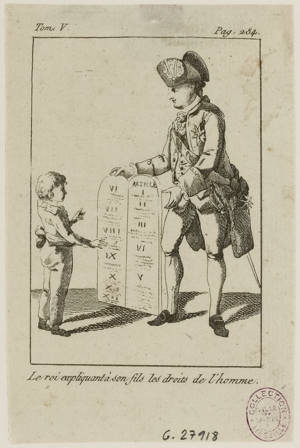 Anonyme, Louis XVI présentant les tables des Droits de l'Homme à son fils, le Dauphin, Louis XVII, vers le 26 août 1789.
