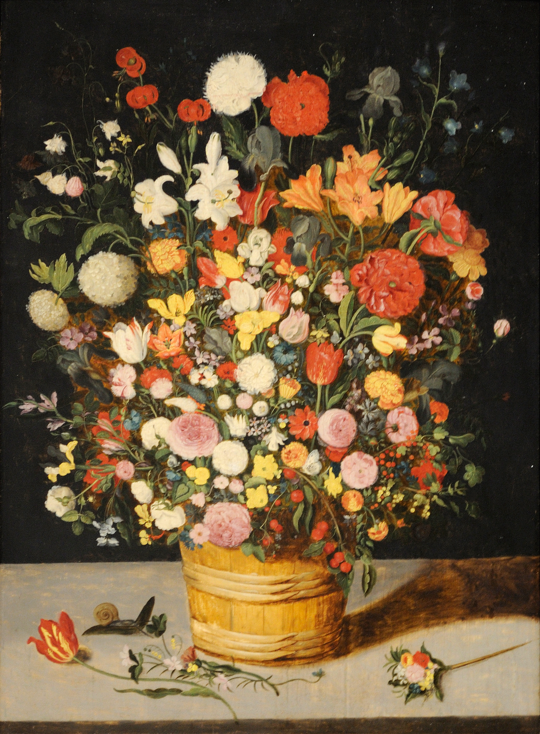 Jan Brueghel the Elder, Flower bouquet in a wooden tub