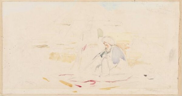 John Frederick Lewis, Rough sketch of turbaned man with a pipe, in front of tents in the desert
