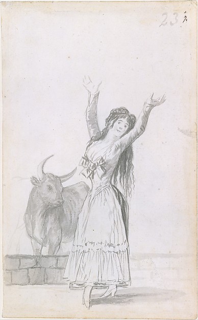 Goya (Francisco de Goya y Lucientes), A young woman dancing, her arms raised, a bull in the background; folio 23 (recto) from the Madrid Album "B"