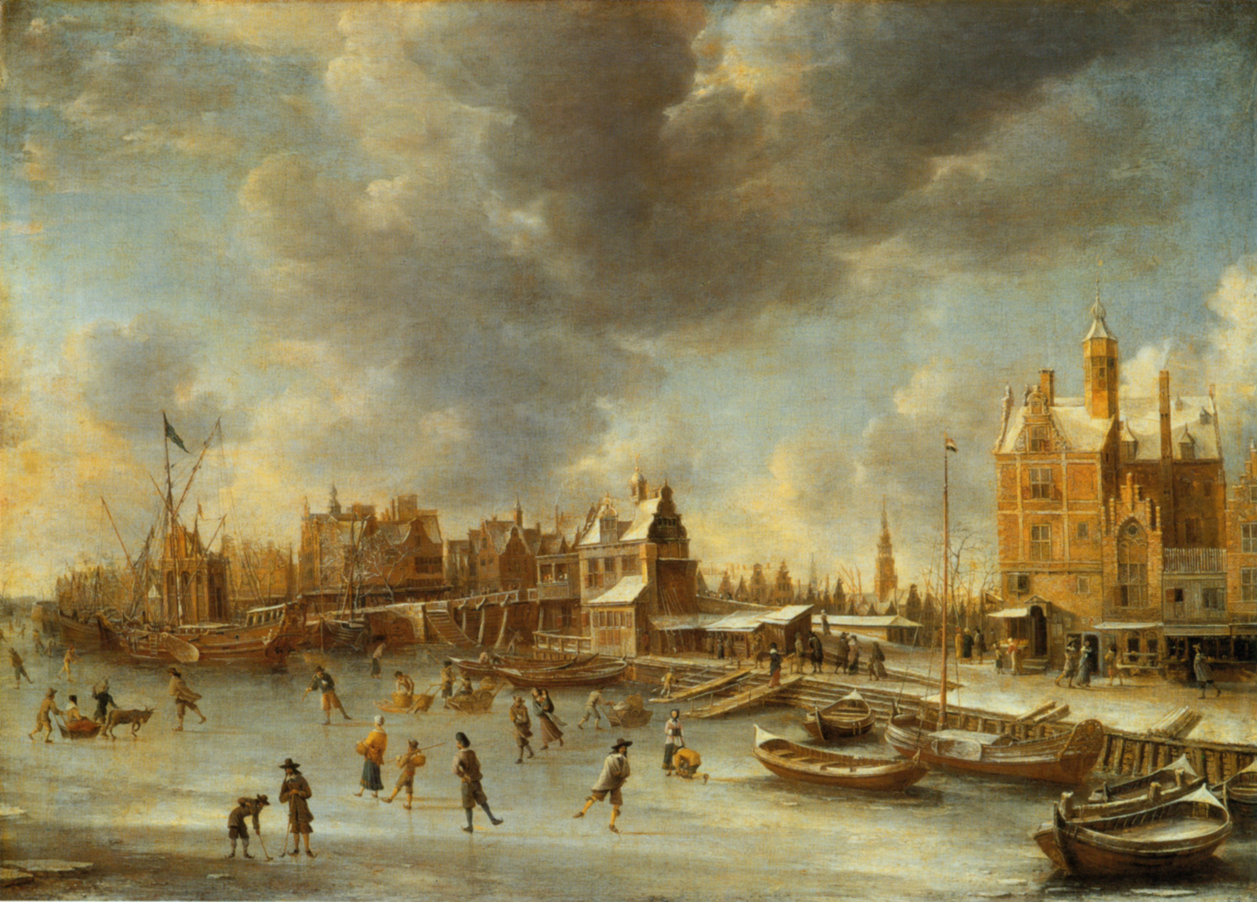 Jan Abrahamsz Beerstraaten, Skaters on the Y in front of Paalhuis and the Nieuwe Brug in Amsterdam